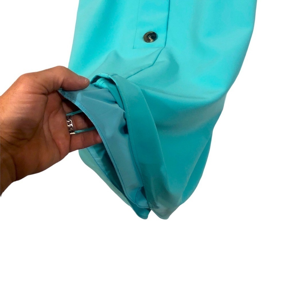 Cowl Neck Shift Dress Sail to Sable Turquoise Slvls. Button Back 60's Vibes L - Picture 6 of 7